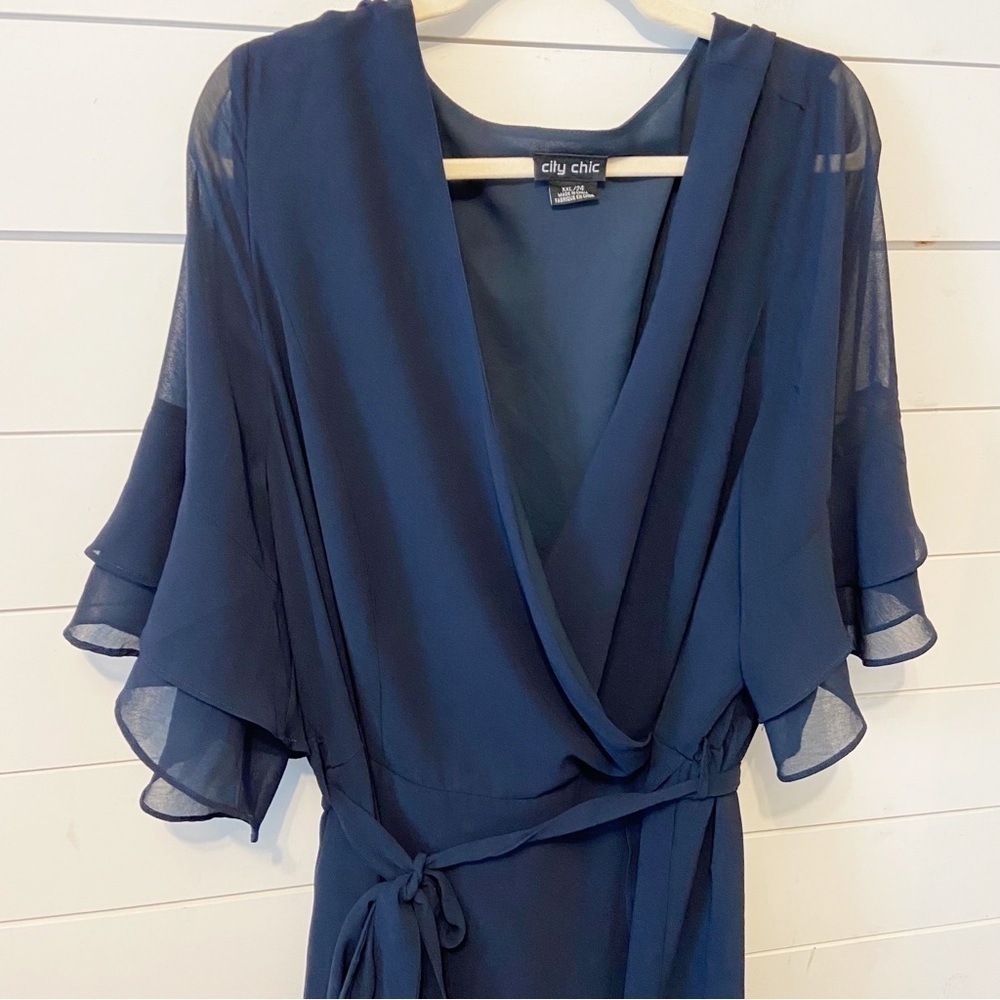 City Chic | Blue Flutter Frill Mini Tie Waist Faux Wrap Dress Size XXL/24 - Picture 6 of 11